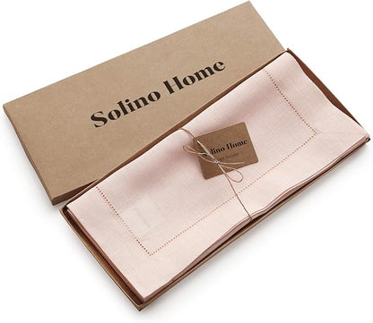 Solino Home Linen Pink Table Runner 90 Inches Long - 100% Pure Linen Hemstitch 14 x 90 Inch Table Runner for Dining and Halloween - Classic Hemstitch