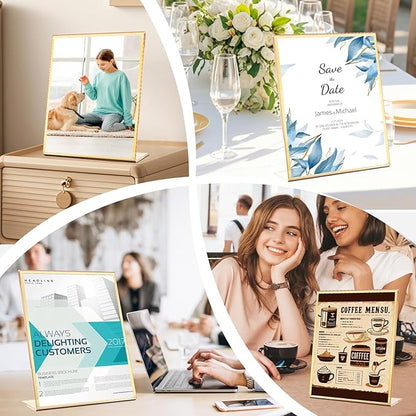 Acrylic Gold Frames 8 x10, Slanted Back Gold Picture Frames Table Acrylic Sign Holder for Photos Wedding Table Numbers and Art Display with Removable Clear Sticky Dots，6 Pack