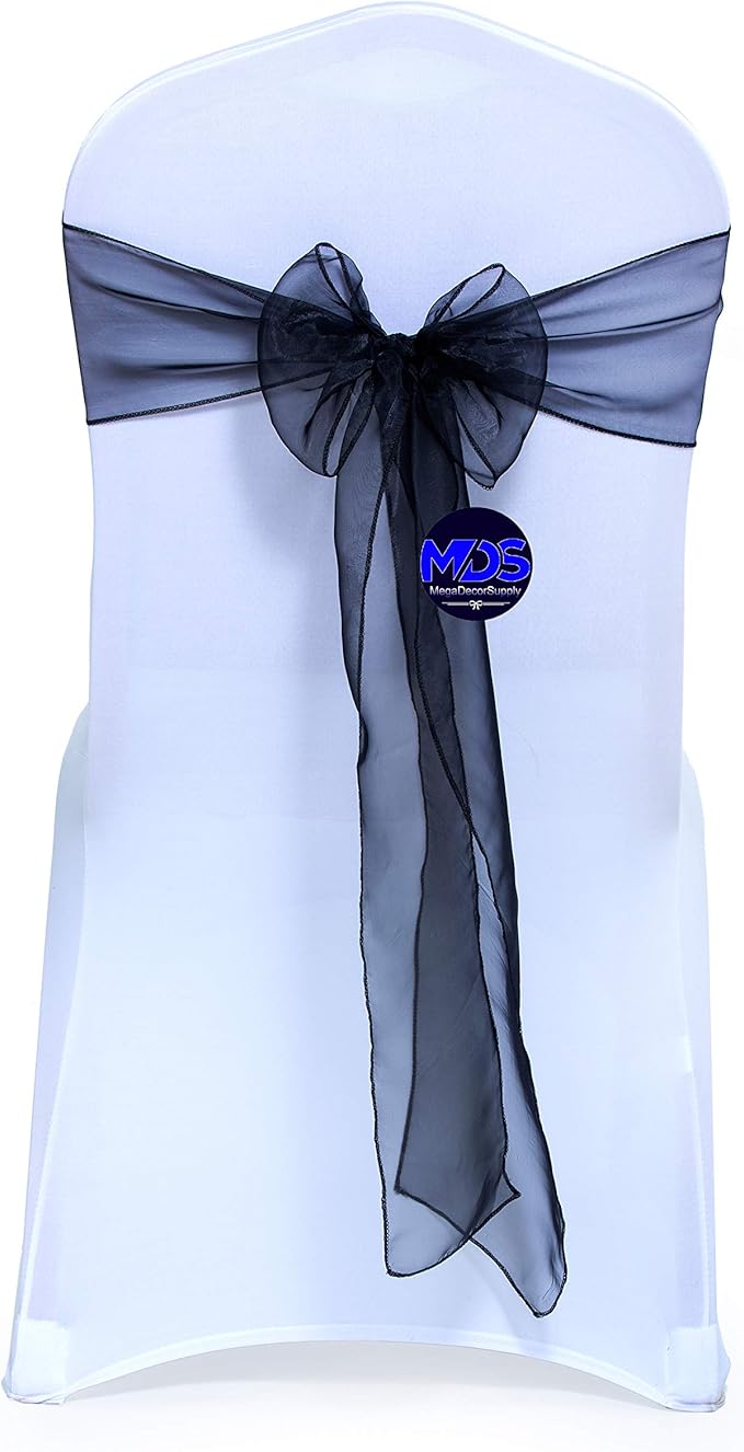 MDS Pack of 100 PCS Organza Chair Sashes Wider Dining Chair Bows Ribbon Tie Back for Wedding Party Birthday Bridal Shower Reception Event Banquet Home Chair Cover Decoration - Black