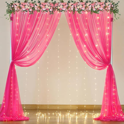 Hot Pink Tulle Backdrop Curtain with Lights for Parties 10x10ft Fuchsia Sheer Backdrop Curtains for Weddings Birthday Baby Shower Photo Shoot Background Decorations