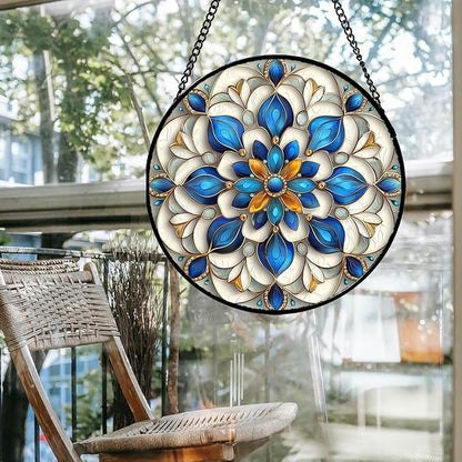 Stained Glass Window Hanging - Blue and White Abstract Flowers Suncatcher for Door Terrace Garden Home Decor, Gold Sun Catcher Birthday Gifts for Lovers Women Men Dad Mom Nana 6.3 in