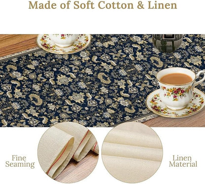 Vintage Boho Floral Table Runner, Morris Rustic Country Farmhouse Dark Blue Grey Retro Flower Pattern for Home Kitchen Table Decor Dining Coffee Room Party Decor 13x60in