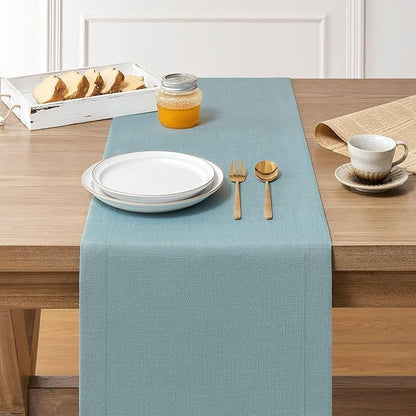 ZeeMart Linen Textured Border Table Runner, 14 x 108 Inch Blue, Farmhouse Style Dusty Blue Table Runners 108 Inches Long, Easy Care Everyday Polyester Table Runner