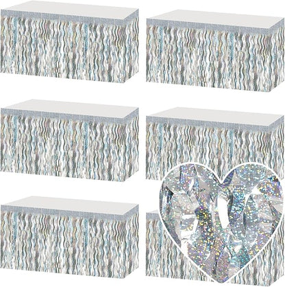 6 Pack 29x108 Inch Silver Wave Foil Fringe Table Skirts Metallic Banner for Tinsel Streamer Garland Backdrop for Parade Floats Mother's, Graduate, Mardi Gras, Birthday, Wedding Party Decorations