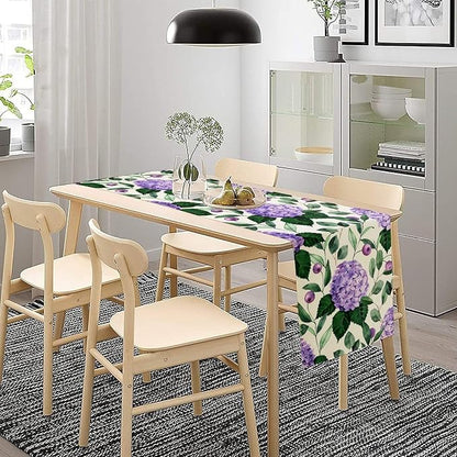 Spring Hydrangea Flower Table Runner, Seasonal Summer Plants Eucalyptus Leaves Purple Florals Dinner Runner for Home Kitchen Dining Table Party Holiday Decoration 13"x90"