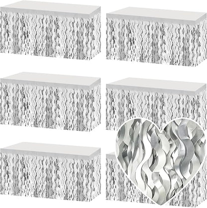 6 Pack 29x108 Inch Silver Wave Foil Fringe Table Skirts Metallic Banner for Tinsel Streamer Garland Backdrop for Parade Floats Wedding, Mother's Day, Birthday Mardi Gras Party Decorations
