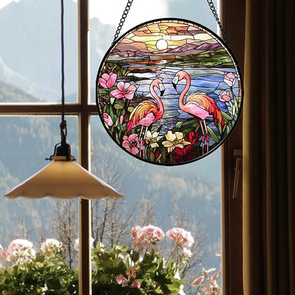 Stained Glass Window Hanging - Flamingo Wildflowers Landscape Suncatcher for Door Terrace Garden Home Decor Sunset Lake Sun Catcher Birthday Gifts for Lovers Women Men Dad Mom Nana 9.8 in