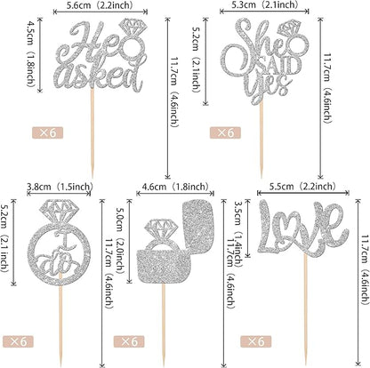 30 PCS He Asked She Said Yes Cupcake Toppers Diamond Ring Cupcake Picks Love I Do Bridal Shower Cupcake Decorations for Wedding Enaggement Theme Party Cake Decorations Supplies Silver