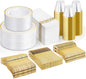 NOCCUR 700PCS Gold Disposable Dinnerware Set for 100 Guests - Plastic Plates for Party - Include 200 Gold Dinner/Dessert Plates, 100 Napkins, 100 Cups, 300 Plastic Silverware - Ideal for Wedding&Party