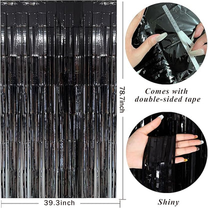 Black Party Streamers Foil Fringe Backdrop Curtains Tinsel Streamers Birthday Halloween Party Decorations Fringe Backdrop for Birthday Party Graduation Bridal Shower Wizard Party Supplies