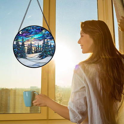 Stained Glass Window Hanging, Starry Sky Trees and Snow Sun Catchers Glass Panel Blue Suncatcher Decor for Birthday for Women, Men, Wife, Aunt, and Mom 6.3 in