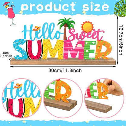 Hello Sweet Summer Metal Sign Rustic Table Decor Holiday Tiered Tray Decor with Wooden Base Freestanding Metal Word Sign for Home Tabletop Centerpiece Mantel Shelf Fireplace