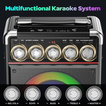 Karaoke Machine with 2 Wireless Mics for Adults Kids | Bluetooth 5.3 Speaker with Bass/Treble/Echo Adjustment | PA System with Disco Lights & Remote Control, Supports TV/TF Card/USB/AUX/Live
