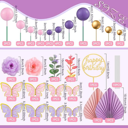Shimeyao 52 Pcs Wedding Birthday Gold Cake Decoration Boho Cake Topper Pink Purple Flower Butterfly Palm Leaves Balls Toppers for Women Baby Shower Party Decoration(Candy Color)