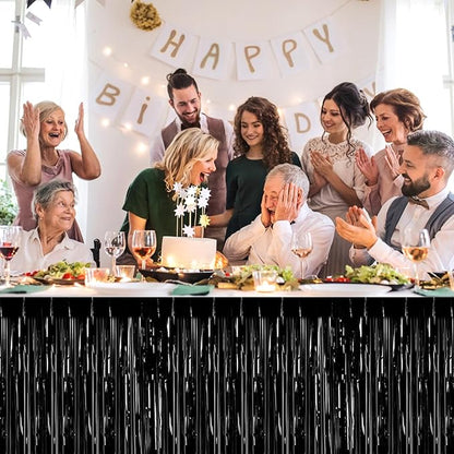 3 Pack 29 x108 Inch Black Foil Fringe Table Skirts Metallic Banner for Tinsel Streamer Garland Backdrop for Parade Floats Wedding Thanksgiving Birthday Christmas Halloween New Year Party Decoration
