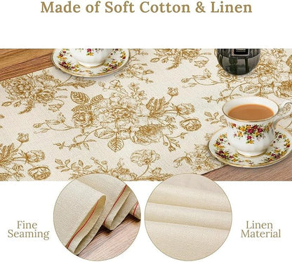 Retro Floral Table Runner, Golden White Wildfloral Sketch Print Kitchen Dinning Table Runner for Indoor Outdoor Home Wedding Party Holiday, 13x60 Inch