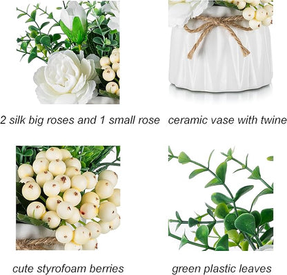 BLOSMON Table Decor Artificial Flowers Vase 7 Inch Small Fake Pink Flower Arrangement 2pcs for Tables Centerpieces Kitchen Dining Room Decorations Faux Flower in Vase Coffee Table Silk Roses