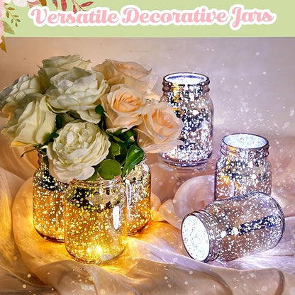 Layhit 6 Pcs Painted Mason Jars Colored Painted Mason Jars Centerpiece for Table with 6 Pcs 9.84 ft 30 LED Operated Fairy Lights for Wedding(Gold)