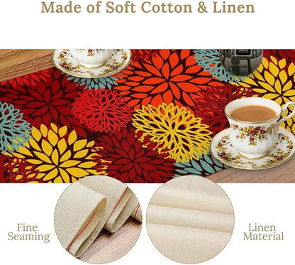 Red Yellow Dahlia Table Runner, Seasonal Autumn Thanksgiving Pattern Print for Home Kitchen Table Decor Dining Coffee Room Party Decor 13x70 Inch