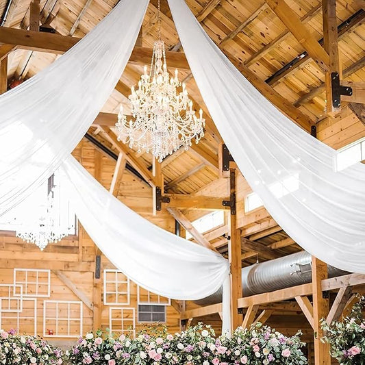 4 Panels White Ceiling Drapes for Wedding 5ftx40ft Chiffon Fabric Arch Draping Curtains Sheer Drapery for Party Ceremony Birthday Baby Shower Reception Stage Ceiling Decorations