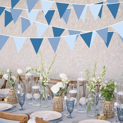 32Ft Retro Blue Party Decorations Dusty Blue Triangle Banner Flag Pennant Fabric Garland Streamers for Nautical Birthday Ahoy Achor Baby Shower Under The Sea Summer Graduation Nautical Party Decor