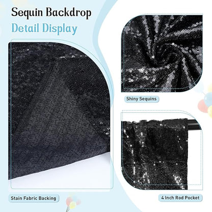 SquarePie Sequin Backdrop Curtain Less See Through Thick Glitter Background for Halloween Party 10FT x 10FT Black