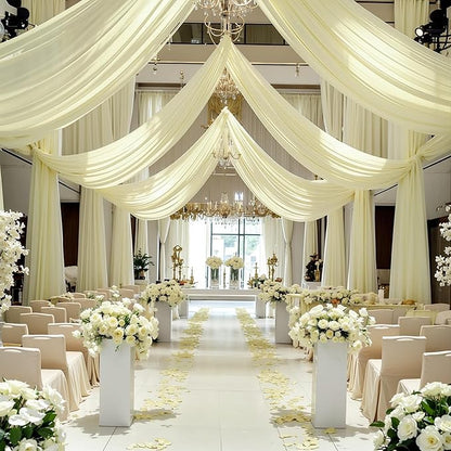 PARTISKY Wedding Arch Draping Fabric, Ivory Sheer Backdrop Curtain Chiffon Fabric Drapery for Ceremony Reception Party Ceiling Backdrop (Ivory Drapes Curtain, (1 Panel) 6 Yards/18ft)