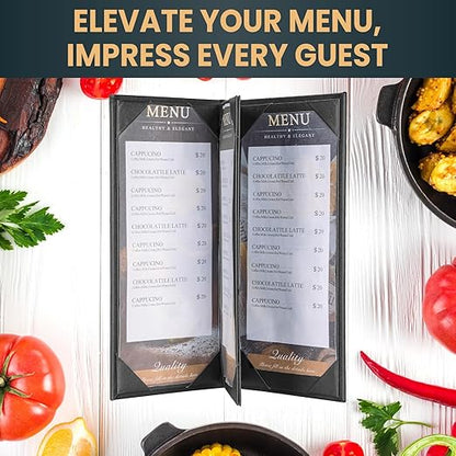 12 Pack 4 View Menu Holder Menu Covers 4.25" x 11" | Black Leather Menu Sleeves Book Style for Restaurant Coffee Bars Wine List
