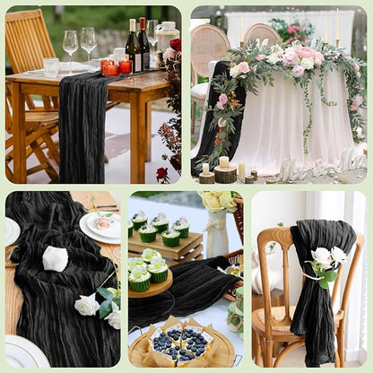 Asee'm 6pcs Cheesecloth Table Runner 120 Inches Long Black Boho Gauze Cheese Cloth Runner 10FT Rustic Sheer Table Runners for Christmas Wedding Party Baby Shower Spring Easter Decoration