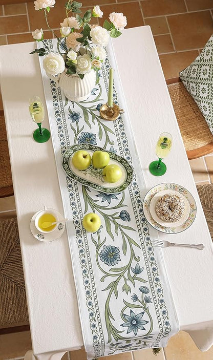 ISAENNE Designer Elegant Linen Table Runner 71 Inches Long,Vintage Blue Floral Pattern Decor Table Runners for Dining Tables,Kitchen Tables,Thanksgiving,Christmas,Banquet,12"*71"-Mosella E