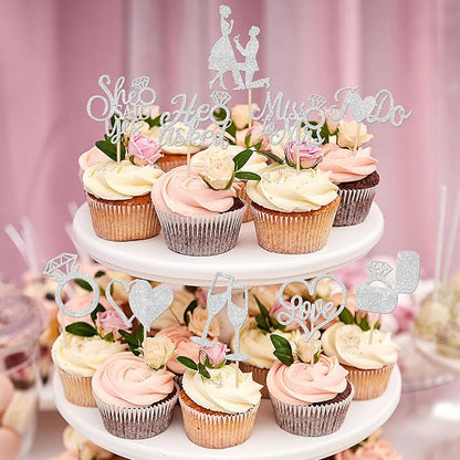 30 PCS He Asked She Said Yes Cupcake Toppers Engagement Cupcake Toppers Miss to Mrs I Do Love Heart Ring Miss to Mrs Cupcake Picks for Wedding Engagement Party Cake Decorations Supplies Silver