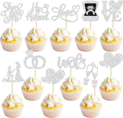 Ephlyn 30Pcs He Asked She Said Yes Cupcake Toppers Glitter Engagement Cupcake Toppers Diamond Ring Heart Love I Do Cupcake Picks for Engagement Wedding Party Cake Decorations Silver