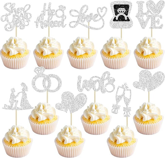 Ephlyn 30Pcs He Asked She Said Yes Cupcake Toppers Glitter Engagement Cupcake Toppers Diamond Ring Heart Love I Do Cupcake Picks for Engagement Wedding Party Cake Decorations Silver