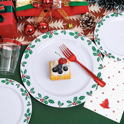 WDF 350pcs Christmas Plates and Napkins Set - Exquisite Holly Design - Christmas Dinnerware Set of 50 Plastic Plates 50 Red Silverware Set&Cups& Napkins