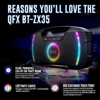 Powerful & Portable Waterproof All Terrain Bluetooth Speaker with Deep Bass, LED Party Lights, Fast USB-C Charging, FM Radio, AUX – QFX BT-ZX35