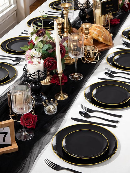 WDF 180 Pieces Black Plastic Silverware - Plastic Silverware Set Include 60 Forks, 60 Knives, 60 Spoons - Heavy Duty Black Disposable Cutlery - Disposable Utensils for Halloween Party, Wedding