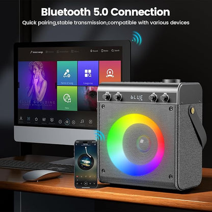 Karaoke Machine with 2 Wireless Microphones, Portable Bluetooth Speaker for Adults Kids with Bass Treble Echo PA System with Remote,LED Light, Supports TF Card,USB,AUX in,TWS,FM,REC for Party