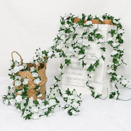 KHOYIME 9 Pack 72 FT Artificial Flower Garland, Fake White Roses Vines Silk Flowers Faux Plastic Outdoor Hanging Floral Ivy Garland Decoration for Wedding Arch Bedroom Home Wall Backdrop Room Decor