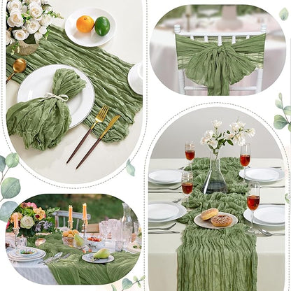 12 Pack Sage Green Cheesecloth Table Runner 10FT Long Boho Gauze Table Runner Rustic Sheer Runner for Wedding Bridal Baby Shower Birthday Party Table Decor Thanksgiving Christmas Decorations
