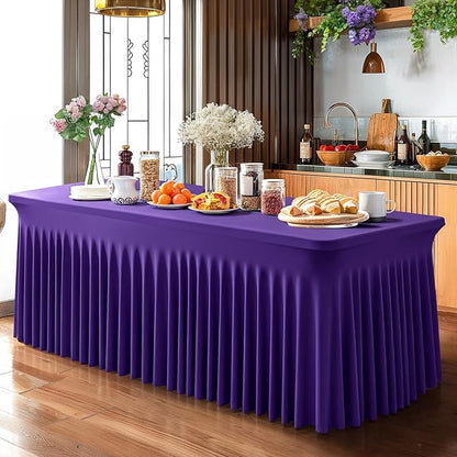 6 Pack Dark Purple Spandex Table Clothes for 8 Foot Rectangle Tables, 8FT Wrinkle Free Fitted Tablecloths Ruffles Design Table Cover for Party, Banquet, Wedding and Events
