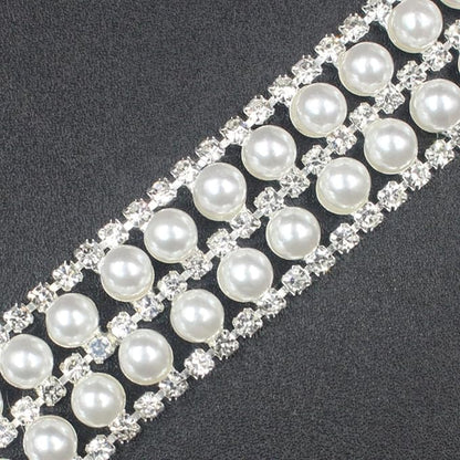 PEARLY JUN 2 Yards Pearl Rhinestone Trim Chain Silver Crystal Fringe Diamond Applique Ribbon String Tassel Strip for Sewing Wedding Dress Crafting Crafts Flower Embellishments