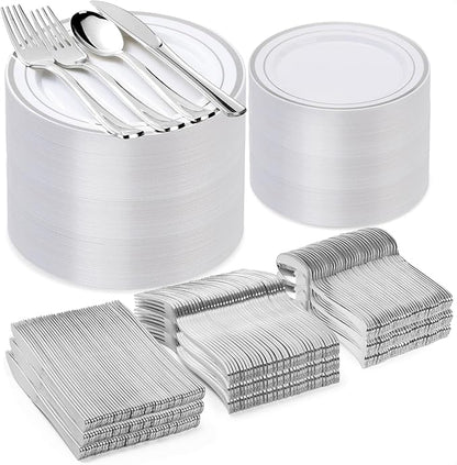600PCS Silver Plastic Plate Set (100 Guests), Disposable Plates for Party Wedding Birthday, Dinnerware Set of 200 Plastic Plates, 200 Forks, 100 Spoons, 100 Knives for Christmas