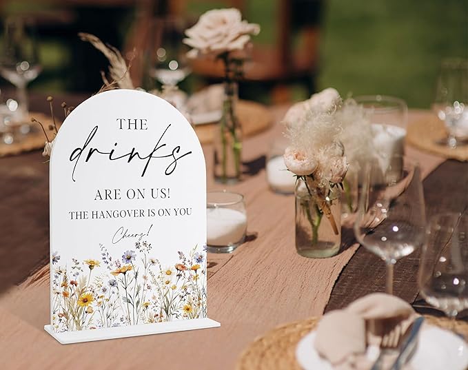 Wedding Signs for Ceremony and Reception, Boho Floral Acrylic Drinks are on Us Hangover is on You Sign, Wedding Signage with Stand, Bridal Shower Table Centerpieces, Supplies for Engagement Party, 35