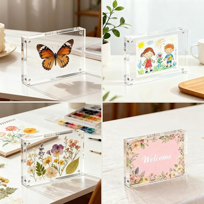 CATIFLIN 5x7 Magnetic Acrylic Frames 2 Pack, Double Sided Clear Frameless Picture Frame Blocks, 20mm Thick Photo Frames Free Standing Display for Family Photos, Certificates, Office, Artwork