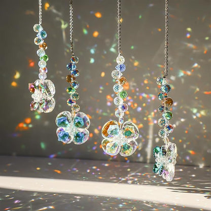 HDCRYSTALGIFTS 4pcs Four Leaf Clover Sun Catchers with Crystals Rainbow Prisms Window Suncatcher Hanging Indoor Decorations, St Patricks Day Accessories Spiritual Gifts for Women, Mom, Family, Friends