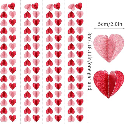 Red Pink Party-Decorations 3D-Heart Garland - 40ft Galentines Streamers Paper Banner, Proposal Anniversary Romantic Birthday Baby Shower Rustic Wedding Hanging Ornaments Decor Hugfond