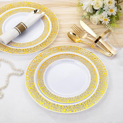 WELLIFE 210Pcs Gold Plastic Dinnerware - Disposable Silverware and Cups, Include:30 Dinner Plates, 30 Dessert Plates, 30 Paper Napkins, 30 Cups, 30 Gold Plastic Cutlery Set for Party, Wedding