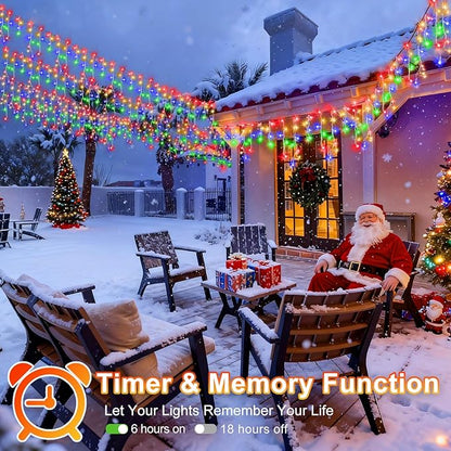 KNONEW Christmas Lights Outdoor Decorations 400 LED 33ft 8 Modes Curtain Fairy String Light with 75 Drops, Clear Wire LED String Light for Wedding Party Holiday Christmas Decorations Multicolor