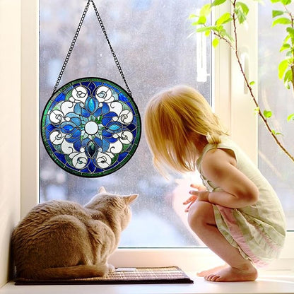 Stained Glass Window Hanging, Boho Style Sun Catchers Diamond Glass Panel Hangings Tiffany Suncatcher Decor for Birthday for Women, Men, Wife, Aunt, and Mom 11.8x11.8 in
