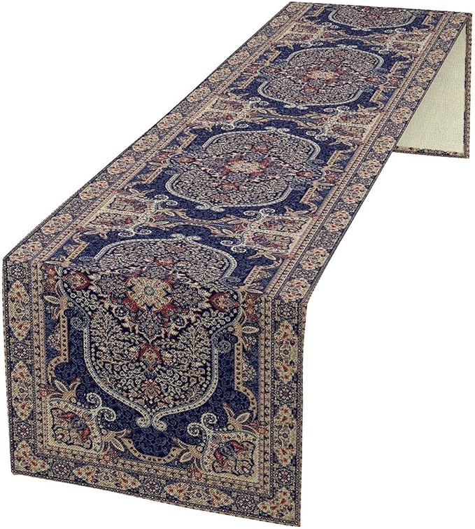 Boho Floral Vintage Table Runner, Blue Purple Retro Flower Rustic Country Farmhouse Pattern for Home Kitchen Table Decor Dining Coffee Room Party Decor 13x36in